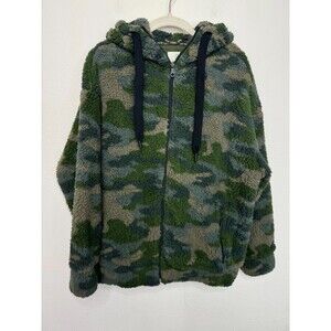 Aerie OFFLINE XS Sherpa Hooded Camo Jacket Green Zip Up Teddy Pockets Fuzzy NWOT